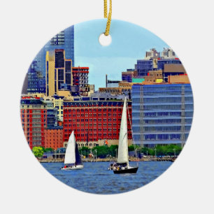 Manhattan NY - Three Boats By Manhattan Skyline Ceramic Tree Decoration