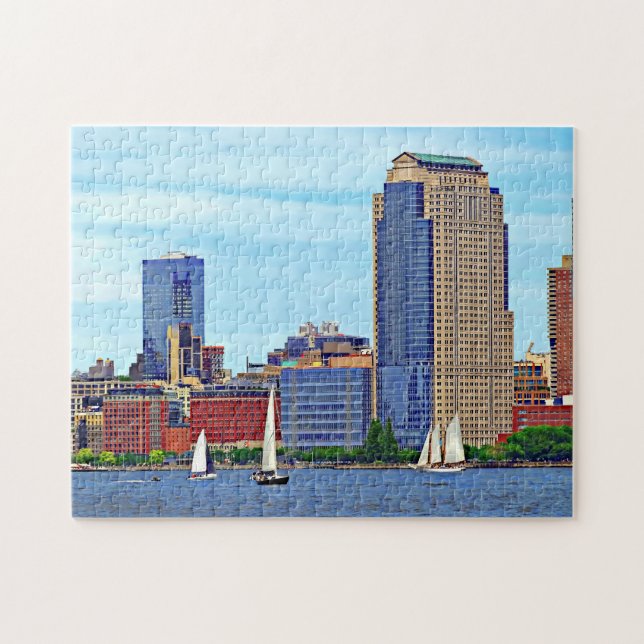 Manhattan NY - Three Boats By Manhattan Skyline Jigsaw Puzzle (Horizontal)