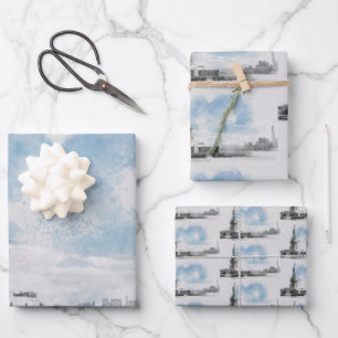 Manhattan NYC & Statue of Liberty Black and White  Wrapping Paper Sheet