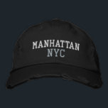 MANHATTAN NYC White Grey Black Vintage Style Embroidered Hat<br><div class="desc">BROOKLYN NYC White and Grey embroidery on Black distressed vintage style cotton hat. Embroidery is customisable to other colour choices by selecting the "Edit Design" tool button. Also available is the option to select choice of hat colour on the main item page.</div>