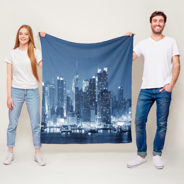 Manhattan Panoramic View Night Skyline Fleece Blanket (In Situ)