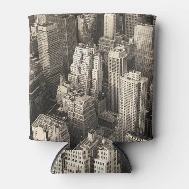 Manhattan skyline, black and white aerial. can cooler (Front)