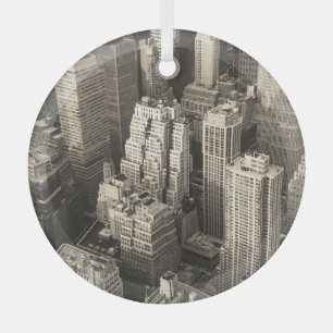 Manhattan skyline, black and white aerial. glass tree decoration