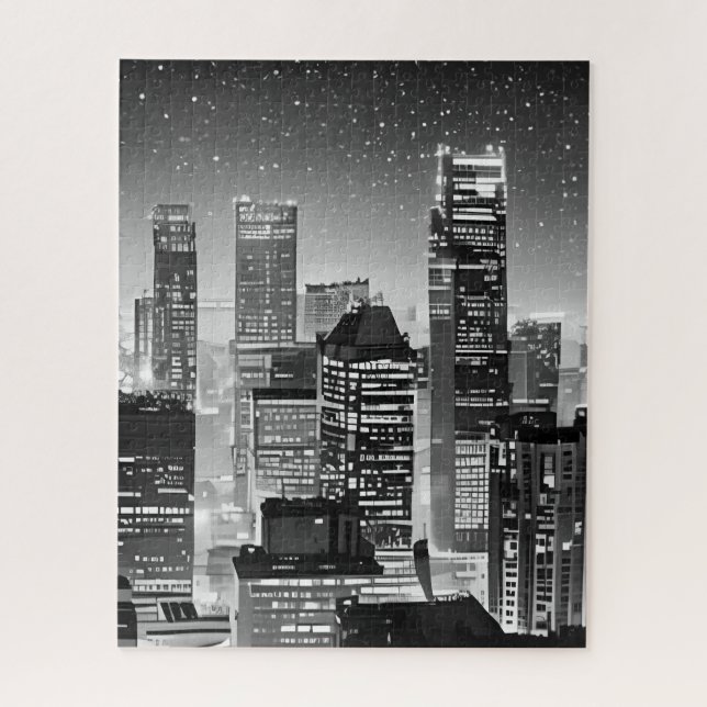 Manhattan Under the Stars in Black and White Jigsaw Puzzle (Vertical)