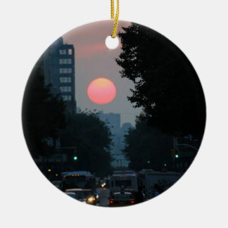Manhattanhenge: setting pinkish orange sun ceramic tree decoration