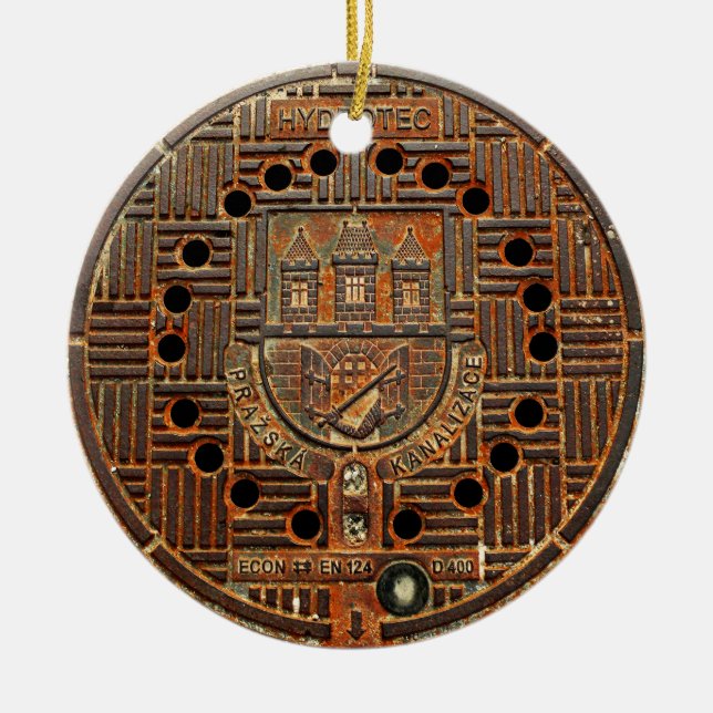 Manhole Cover 4 (Prague) Ceramic Tree Decoration (Front)