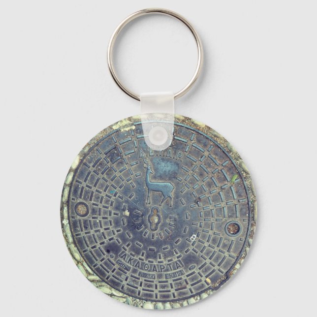 Manhole cover and cobblestone road keychain (Front)