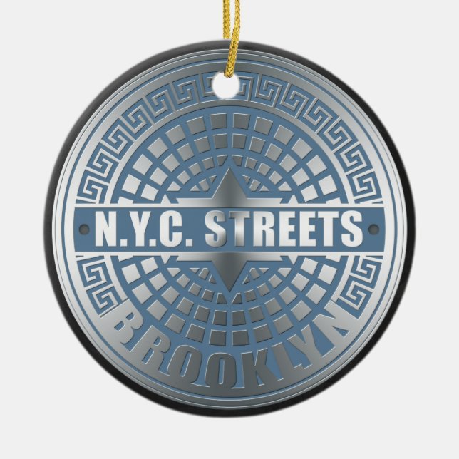 Manhole Cover Brooklyn Blue Ceramic Tree Decoration (Front)