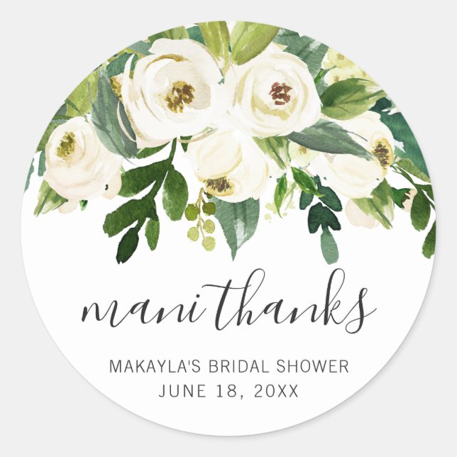 Mani Thanks Elegant White Floral Bridal Shower Classic Round Sticker (Front)