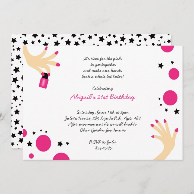 Manicure Invitations Pink Black Stars Birthday (Front/Back)