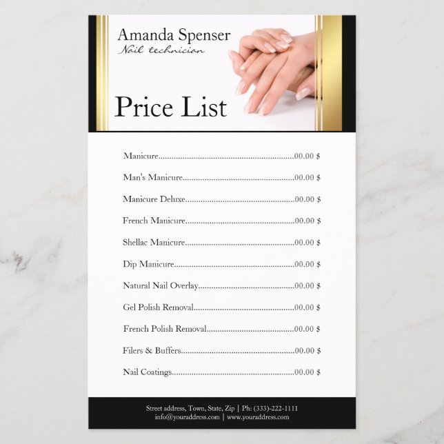 Manicure Nail Salon Price List Black & Gold Flyer (Front)