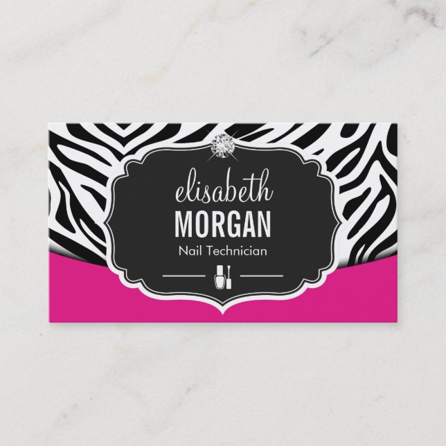 Manicurist Nail Technician Black Pink Zebra Print Business Card (Front)