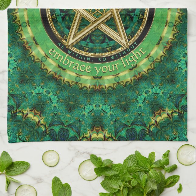 Manifest Your Magic Golden Pentacle Nature Green Tea Towel (Folded)