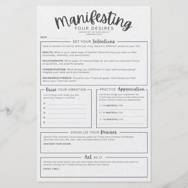 Manifestation Worksheet - Intentions Visualisation (Front)