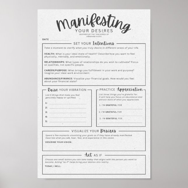 Manifestation Worksheet - Intentions Visualisation Poster (Front)