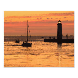Manistee Lighthouse Sunset Sailboat Photo Print