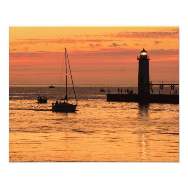 Manistee Lighthouse Sunset Sailboat Photo Print (Front)