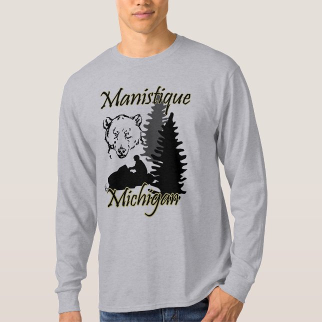 Manistique Michigan Snowmobile Bear Grey T-Shirt (Front)