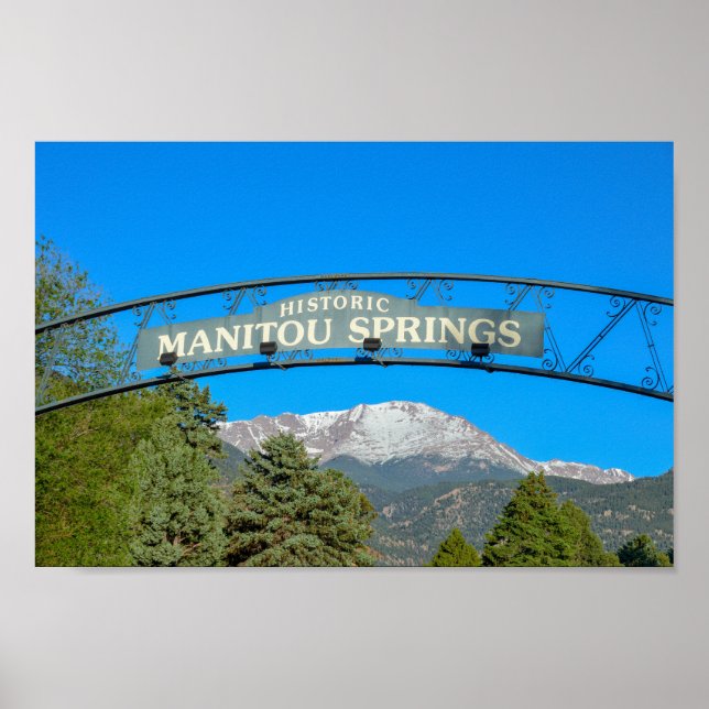 Manitou Springs Sign Framing Pikes Peak, Colorado (Front)