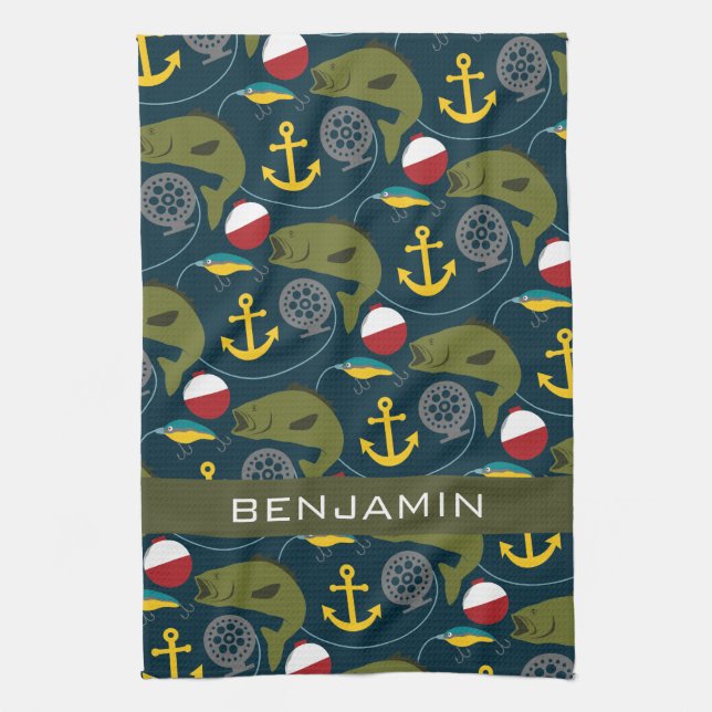 Manly Fisherman Pattern with Custom Name Tea Towel (Vertical)