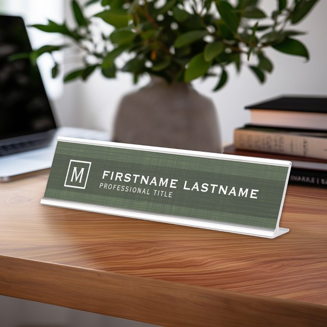 Manly Linen Look with Name Title Monogram Green Desk Name Plate (Professional Name Plate with Linen Background)