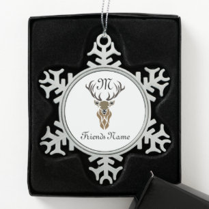 Manly Tribal Red Stag Silhouette Monogram Deer Snowflake Pewter Christmas Ornament