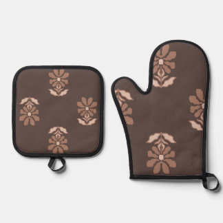 Manoplas y Agarraderas Florales en Tonos Café Oven Mitt & Pot Holder Set