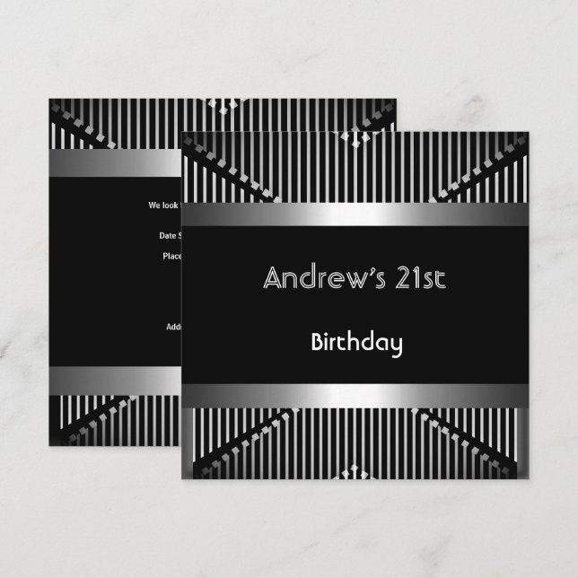 Man's 21st Birthday Party Silver Black Metal Jewel Invitation (Front/Back)