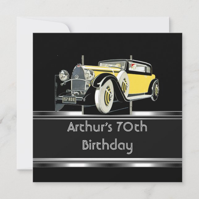 Mans 70th Birthday Party Black Vintage Car Invitation (Front)