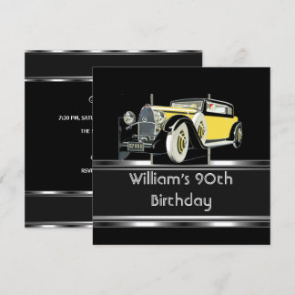 Mans 90th Birthday Party Black Vintage Car Invitation