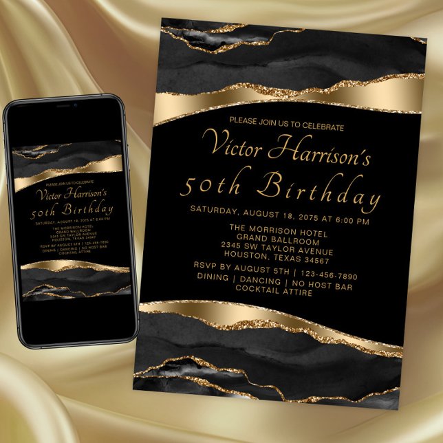 Mans Black Gold Agate Birthday Party  Invitation (Black and gold any event invitation. Instant download and printed invitations available.)