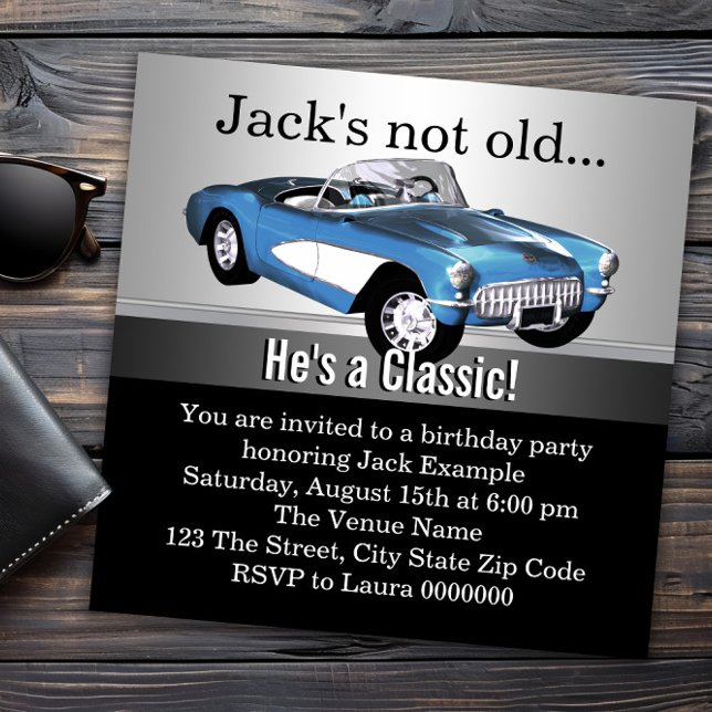 Mans Blue Antique Car Birthday Party Invitation (Classic car any number birthday invitation. All text, fonts and wording can be changed as needed.)