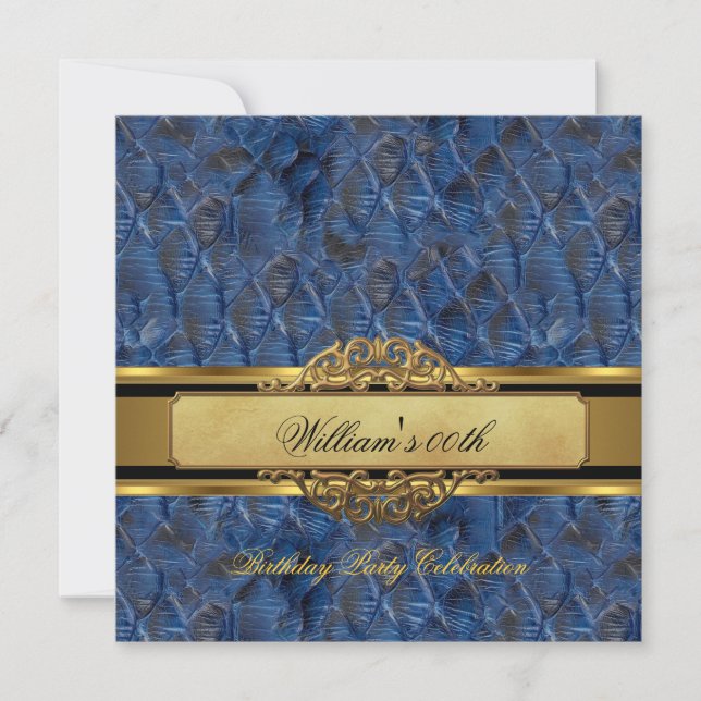 Mans Blue Black Gold Birthday Party Mens Invitation (Front)