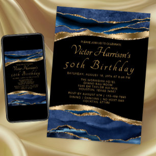 Mans Blue Gold Agate Birthday Party Invitation