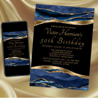 Mans Blue Gold Agate Birthday Party Invitation