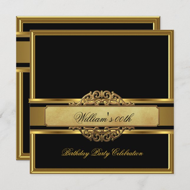 Mans Elegant Black Gold Birthday Party Mens Invitation (Front/Back)