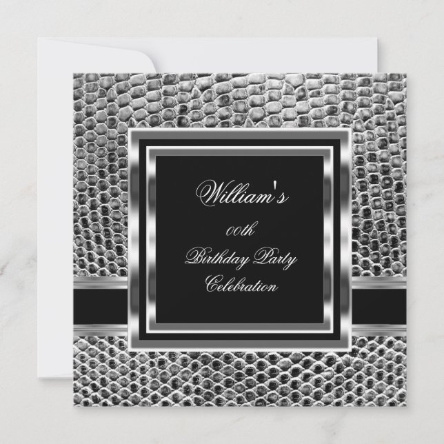 Mans Elegant Black Silver Birthday Party Mens Invitation (Front)