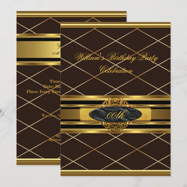 Mans Elegant Brown Gold Birthday Party Mens Invitation (Front/Back)