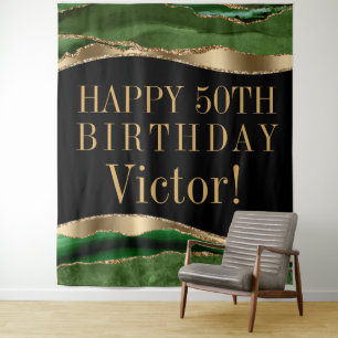 Mans Emerald Green Gold Birthday Party Backdrop Tapestry