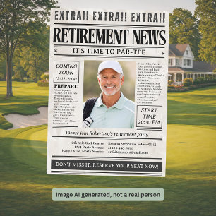 Man's Funny Golf Newspaper Photo Retirement Party  Invitation