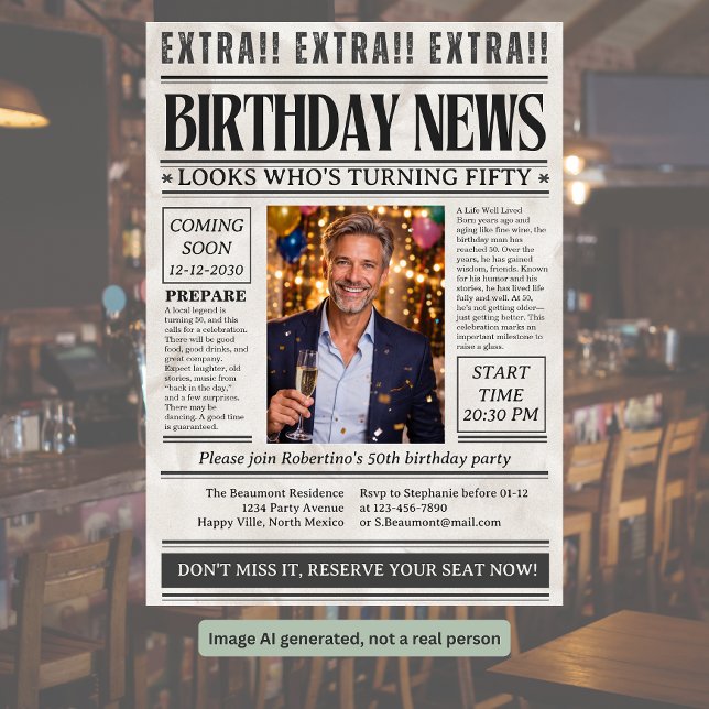 Man's Funny Newspaper Photo 50th Birthday  Invitation (Creator Uploaded)
