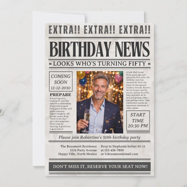 Man's Funny Newspaper Photo 50th Birthday  Invitation (Front)