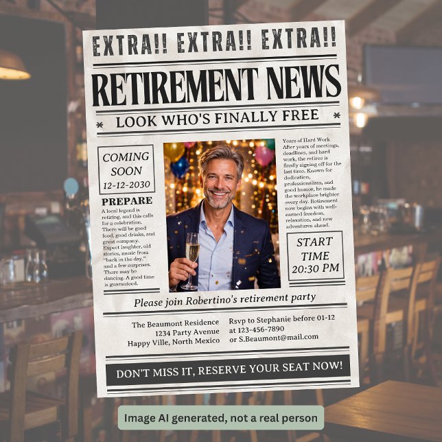 Man's Funny Newspaper Photo Retirement Party  Invitation (Creator Uploaded)