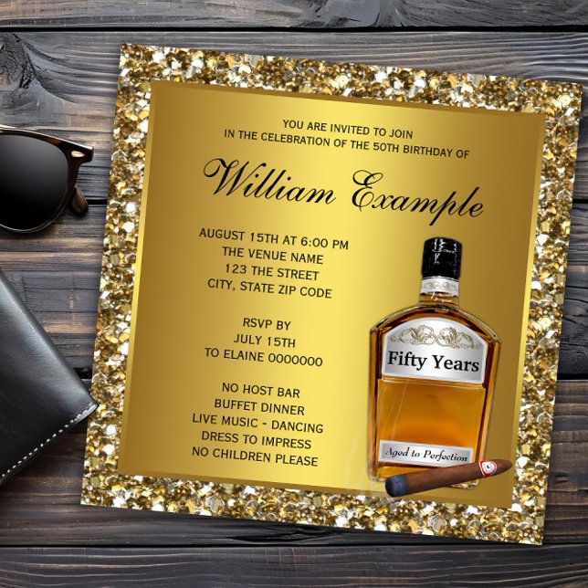 Mans Gold Aged To Perfection Whiskey Birthday Invitation (Mans whiskey and cigar birthday any occasion invitation. All text, font and wording can be changed.)
