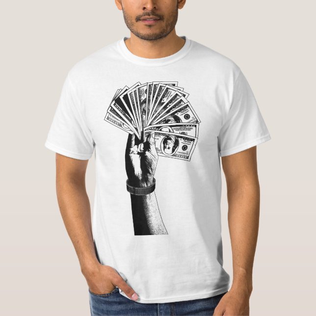 Mans hand Holding 100 dollar Bills money cash art T-Shirt (Front)