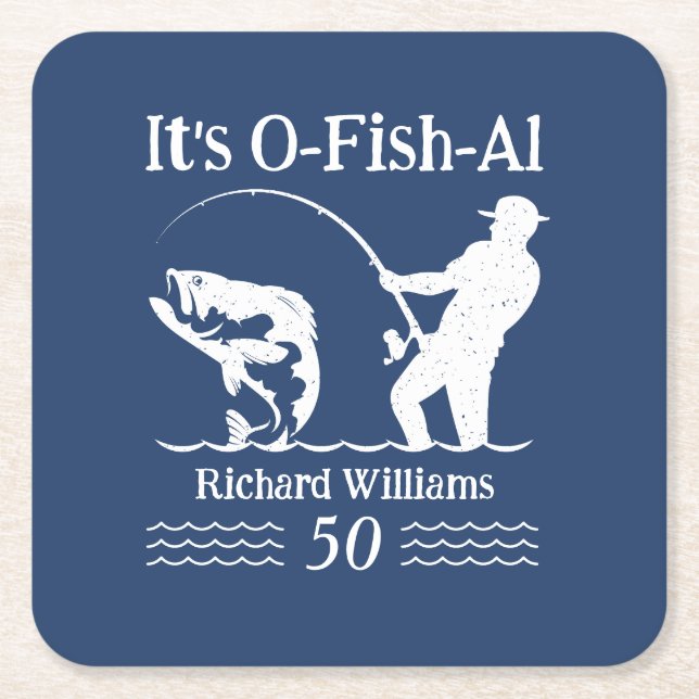 Man's It's O-fish-al Fisherman 50th Birthday Party Square Paper Coaster (Front)