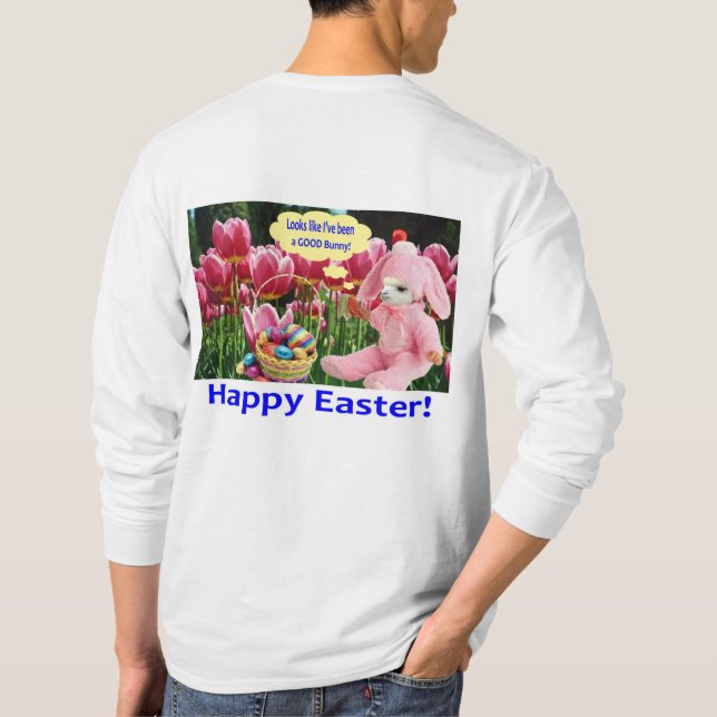 mans long sleeve tee.  Happy Easter.  alpaca/bunny T-Shirt (Back)