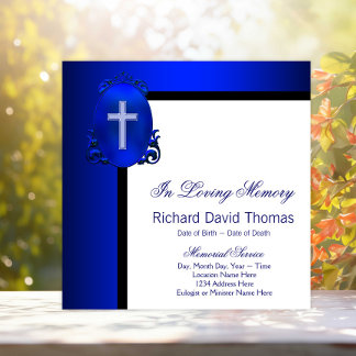Mans Navy Blue Cross In Loving Memory Memorial Invitation