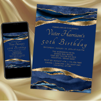 Mans Royal Blue Gold Agate Birthday Party Invitation