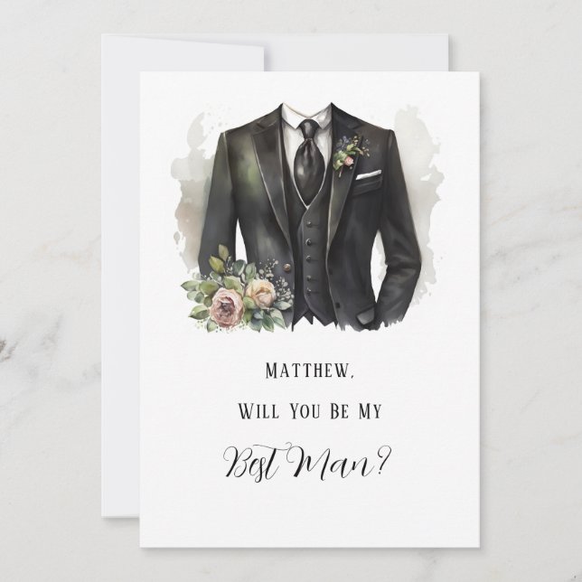 Man's Suit and Floral Will You Be My Best Man Invitation (Front)